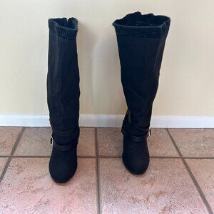 Shoedazzle Ruthanne-E Knee High Black Wraparound Buckle Boot - Women’s